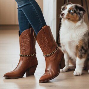 Women Gold Metal Boot Chain Links Black Fabric Strap Bracelets Shoe Jewelry SET